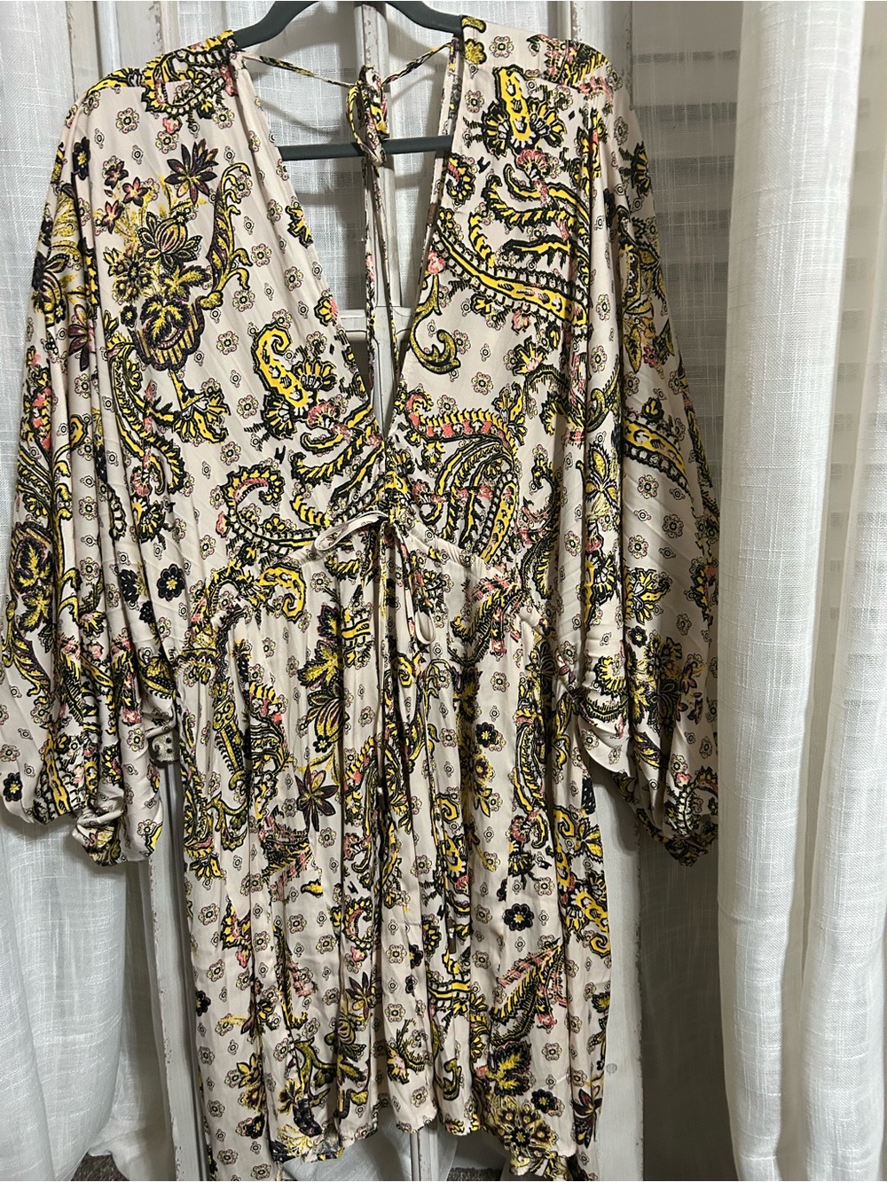FREE PEOPLE Arzel Mini Dress Paisley V-Neck Boho Pleated Fairycore Magic Large - Picture 4 of 10
